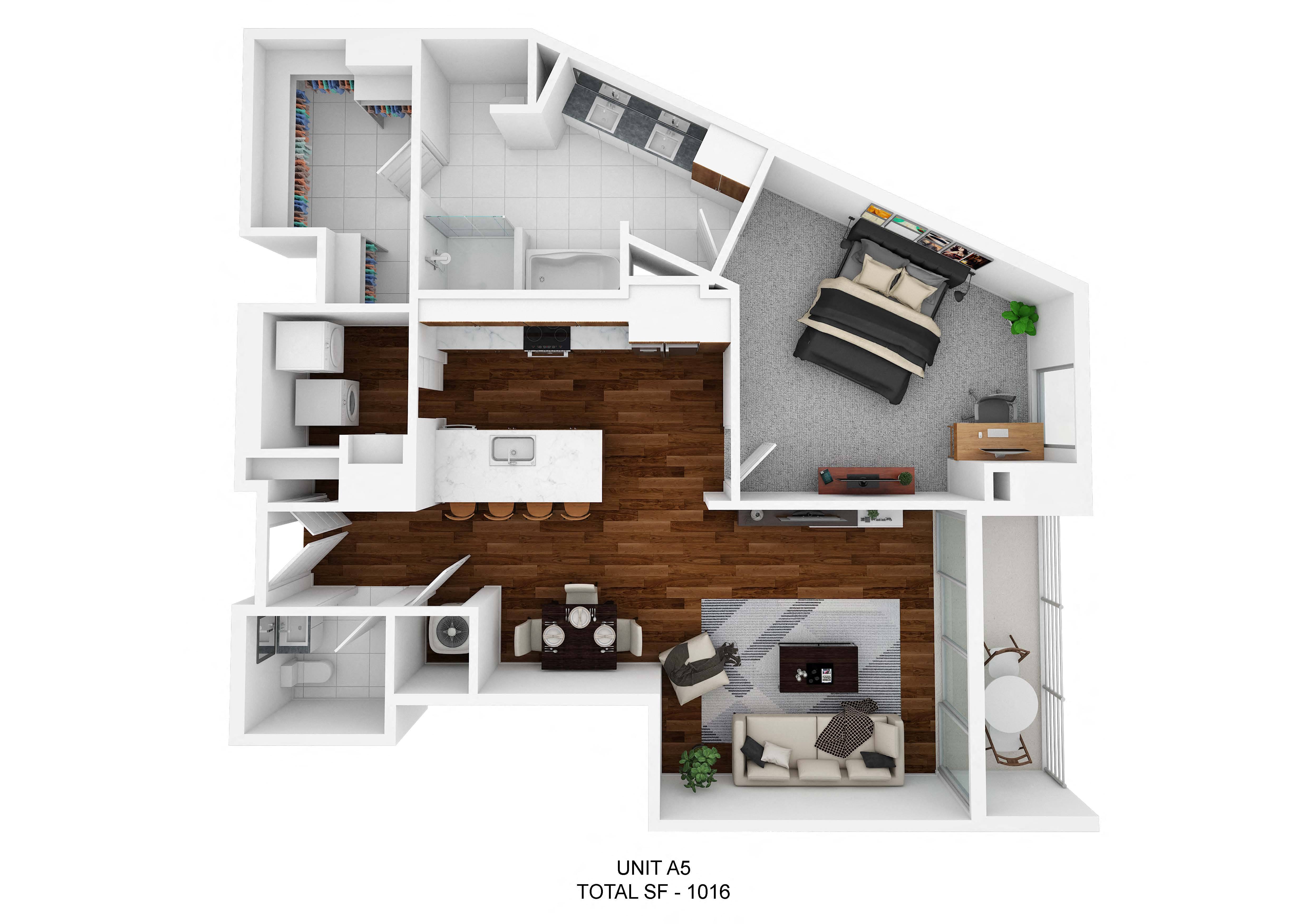 Floor plan for 1 bed, 1.5 baths, 1016 sqft